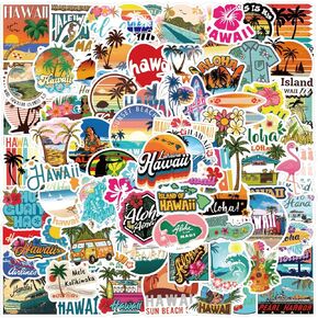 110PCS Hawaiian Stickers, Beach Stickers Waterproof Vinyl Decal Tropical Hawaii Vinyl Luau Turtle Stickers for Water Bottles Laptop Phone Skateboard Luggage Summer Surfing