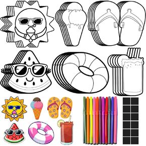 30 Sets Summer Pool Crafts for Kids Coloring Magnets for Fridge Color Your Own Magnet DIY Coloring Magnet with Watercolor Pen for Classroom Activities Summer Pool Party Favors