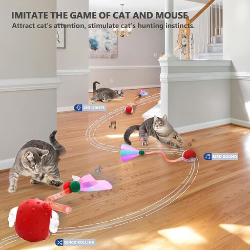 Interactive Cat Toys for Bored Indoor Cats, Chirping & Motion-Activated Cat Toys, Fun Gift for Cats with 2 Speed Settings & 3 Modes, USB Rechargeable,Red in Saudi Arabia