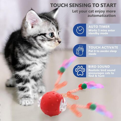 Interactive Cat Toys for Bored Indoor Cats, Chirping & Motion-Activated Cat Toys, Fun Gift for Cats with 2 Speed Settings & 3 Modes, USB Rechargeable,Red in Saudi Arabia