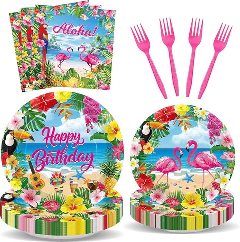 100 Pcs Tropical Aloha Flamingo Birthday Party Supplies Set - Serves 25, Hawaiian Luau Disposable Tableware, Includes Paper Plates, Napkins, Forks for Summer Beach Birthday Pool Decorations in Saudi Arabia