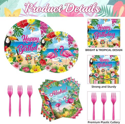 100 Pcs Tropical Aloha Flamingo Birthday Party Supplies Set - Serves 25, Hawaiian Luau Disposable Tableware, Includes Paper Plates, Napkins, Forks for Summer Beach Birthday Pool Decorations in Saudi Arabia
