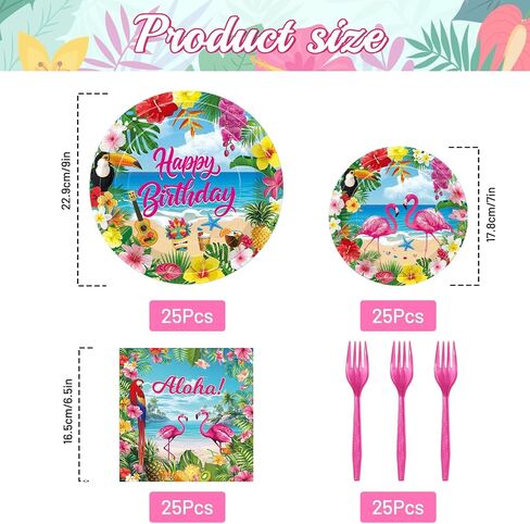 100 Pcs Tropical Aloha Flamingo Birthday Party Supplies Set - Serves 25, Hawaiian Luau Disposable Tableware, Includes Paper Plates, Napkins, Forks for Summer Beach Birthday Pool Decorations in Saudi Arabia
