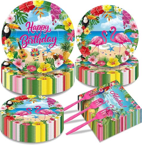 100 Pcs Tropical Aloha Flamingo Birthday Party Supplies Set - Serves 25, Hawaiian Luau Disposable Tableware, Includes Paper Plates, Napkins, Forks for Summer Beach Birthday Pool Decorations in Saudi Arabia