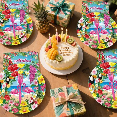 100 Pcs Tropical Aloha Flamingo Birthday Party Supplies Set - Serves 25, Hawaiian Luau Disposable Tableware, Includes Paper Plates, Napkins, Forks for Summer Beach Birthday Pool Decorations in Saudi Arabia