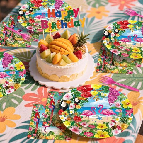 100 Pcs Tropical Aloha Flamingo Birthday Party Supplies Set - Serves 25, Hawaiian Luau Disposable Tableware, Includes Paper Plates, Napkins, Forks for Summer Beach Birthday Pool Decorations in Saudi Arabia