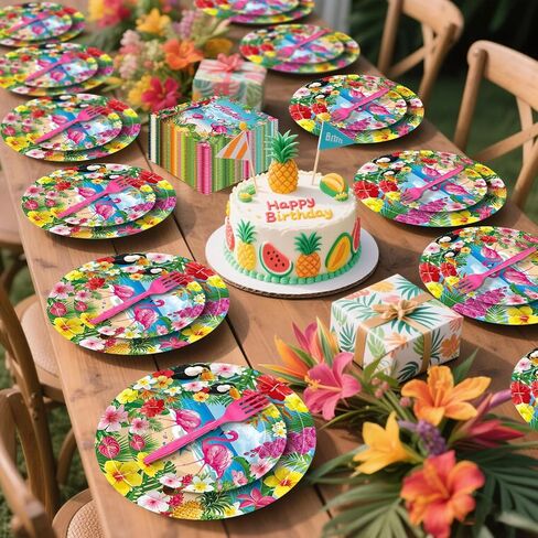 100 Pcs Tropical Aloha Flamingo Birthday Party Supplies Set - Serves 25, Hawaiian Luau Disposable Tableware, Includes Paper Plates, Napkins, Forks for Summer Beach Birthday Pool Decorations in Saudi Arabia