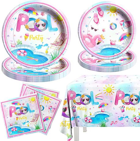 Pool Party Supplies,Pink Pool Birthday Tableware Decorations Pool Party Plates Summer Theme Napkins Beach Ball Tablecloth for Hawaii Party Decoration in Saudi Arabia