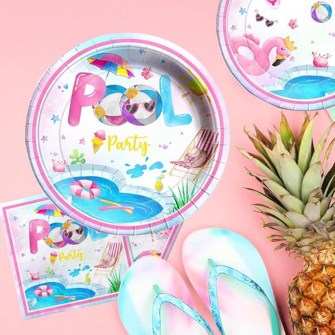 Pool Party Supplies,Pink Pool Birthday Tableware Decorations Pool Party Plates Summer Theme Napkins Beach Ball Tablecloth for Hawaii Party Decoration in Saudi Arabia