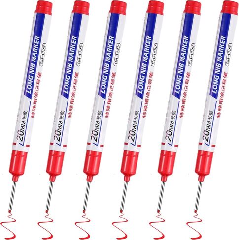 BEWUDY 6PCS Long Head Hole Deep Marker Asser ، علامات البناء المقاومة للماء ، أداة وضع علامات دائمة على الأقلام الحبر النجار لبنائدي النجارين (RED) in Kuwait