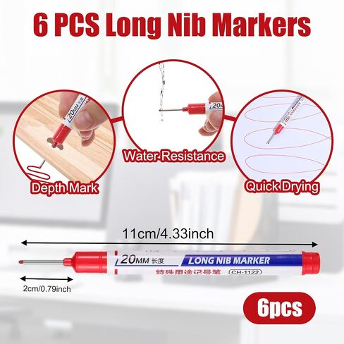 BEWUDY 6PCS Long Head Hole Deep Marker Asser ، علامات البناء المقاومة للماء ، أداة وضع علامات دائمة على الأقلام الحبر النجار لبنائدي النجارين (RED) in Kuwait