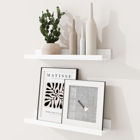 Picture Ledge Shelf, 16 inch Floating Shelves Set of 2, Wood Wall Shelves with Lip, Wall Decor Storage for Bedroom Living Room Bathroom Kitchen Nursery Photo Picture, White in Kuwait