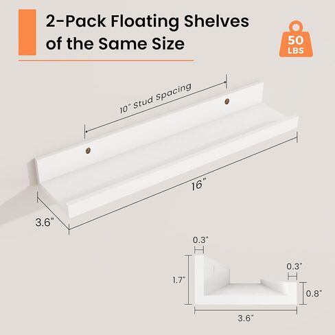 Picture Ledge Shelf, 16 inch Floating Shelves Set of 2, Wood Wall Shelves with Lip, Wall Decor Storage for Bedroom Living Room Bathroom Kitchen Nursery Photo Picture, White in Kuwait