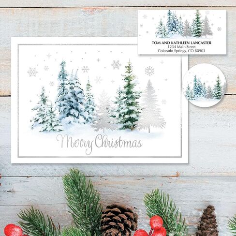 Current Christmas Forest Deluxe Personalized Address Labels - Set of 48, Self-Adhesive, Flat-Sheet Labels, 1" x 2 1/4", Holiday and Christmas Stationery in Kuwait