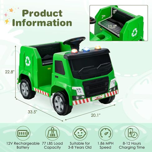 Costzon Ride On Car ، شاحنة قمامة بإعادة تدوير بطارية 12 فولت مع التحكم عن بعد ، أضواء التحذير ، الموسيقى ، القرن ، 6 إكسسوارات إعادة التدوير ، ركوب على لعبة الشاحنة للأطفال من 3 إلى 8 سنوات (أخضر) in Saudi Arabia