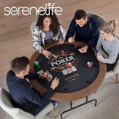 طاولة بوكر مستديرة قابلة للطي لـ 8 لاعبين من SereneLife - تصميم ممتاز على مستوى الكازينو، سطح لباد بني، حاجز مقاوم للماء، 8 حاملات أكواب، لوحة بلاك جاك - مثالية لمتعة تكساس هولديم والعائلية (أسود) in Saudi Arabia