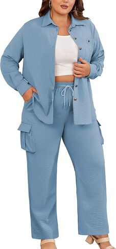 AOVDE المرأة حجم كبير 2 قطعة ملابس طويلة الأكمام زر أسفل قميص بنطال ذو قصة أرجل واسعة عادية الشارع الشهير بانت مجموعات للنساء in Kuwait