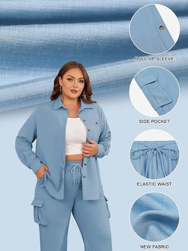 AOVDE المرأة حجم كبير 2 قطعة ملابس طويلة الأكمام زر أسفل قميص بنطال ذو قصة أرجل واسعة عادية الشارع الشهير بانت مجموعات للنساء in Kuwait