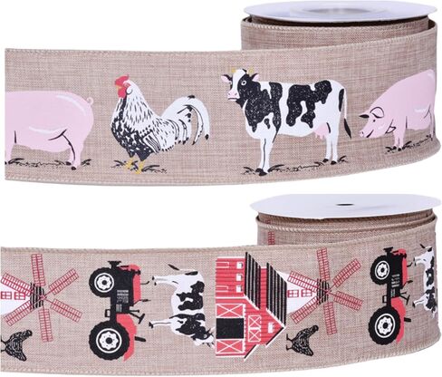 Farmhouse Christmas Wired Edge Ribbon Set - 2.5 Inch x 5 Yards x 2 Rolls, Highland Cow Pig Burlap Ribbon for Rustic Wreaths & Holiday Gift Wrapping (Farm Animal 2 roll) in Saudi Arabia