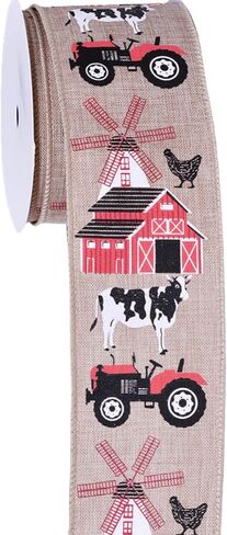 Farmhouse Christmas Wired Edge Ribbon Set - 2.5 Inch x 5 Yards x 2 Rolls, Highland Cow Pig Burlap Ribbon for Rustic Wreaths & Holiday Gift Wrapping (Farm Animal 2 roll) in Saudi Arabia