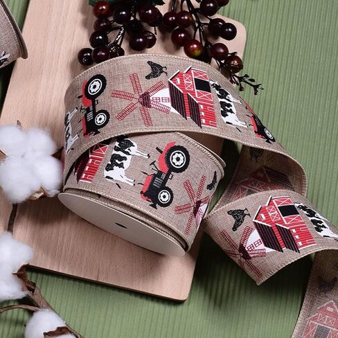 Farmhouse Christmas Wired Edge Ribbon Set - 2.5 Inch x 5 Yards x 2 Rolls, Highland Cow Pig Burlap Ribbon for Rustic Wreaths & Holiday Gift Wrapping (Farm Animal 2 roll) in Saudi Arabia