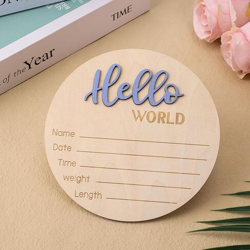 Baby Announcement Sign, 5.9 Inch Wooden Hello World Newborn Welcome Sign Birth Announcement Name Plate for Hospital Nursery (Blue Cashmere) in Saudi Arabia