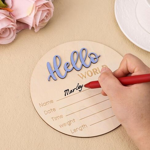 Baby Announcement Sign, 5.9 Inch Wooden Hello World Newborn Welcome Sign Birth Announcement Name Plate for Hospital Nursery (Blue Cashmere) in Saudi Arabia