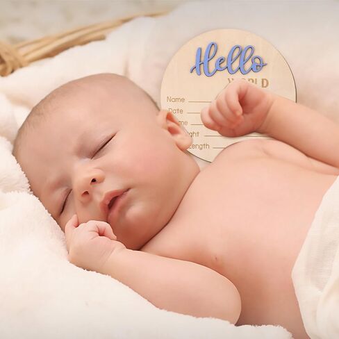 Baby Announcement Sign, 5.9 Inch Wooden Hello World Newborn Welcome Sign Birth Announcement Name Plate for Hospital Nursery (Blue Cashmere) in Saudi Arabia