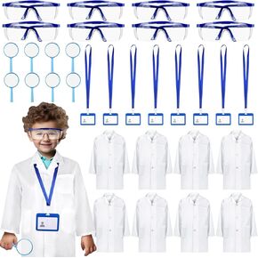 8 Set 32 Pcs White Kids Lab Coats Bulk Included Goggle Magnifying Glass ID Card Doctor Scientist Costume for Kids Lab Coat Children Dress Up for Boys Girls Science Project Career Day Role Play
