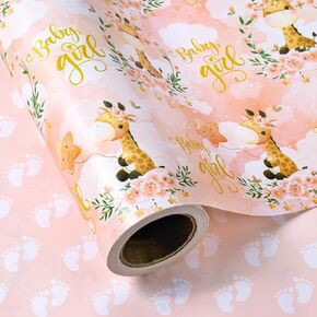 WRAPAHOLIC 30 Inch Jumbo Reversible Baby Girl Wrapping Paper Roll - 30 Inch x 33 Feet - Cute Giraffe and Baby Footprints Design for Kids Girls Baby Shower, Birthday