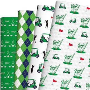 EoBeCy Golf Wrapping Paper for Men Boys, 12 Sheets Folded Gift Wrap with Golf Carts, Flags, Clubs, Green and Blue Argyle Designs, Sports Wrapping Paper for Father’s Day Birthday Retirement, 20"×28"