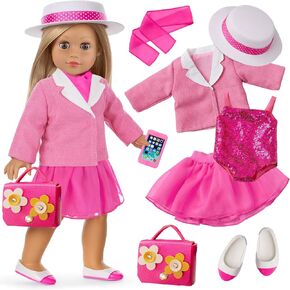 8-Piece Stylish Pink Outfit Sets for American 18 Inch Dolls Outfits Trendy Clothes and Accessories for Dress-Up Play (Doll NOT Included)