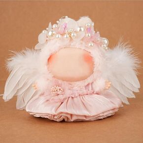Clothes for 15cm Bunny Dolls, Adorable Pink Bud Skirt & Angel Wings Outfit for 15cm Sitting Bunny Dolls, Complete 4-Piece Set with Headpiece & Corsage(No Doll)