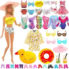 20 PCS Doll Clothers and Associory Summer Beach Set 5 Swimsuits 1 Bathrobe مع 14 Associory Shoes Glasses Shuts Rings for 11.5 Int Summer Set (No Doll)