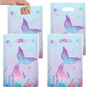 peony man 60pcs Mermaid Goodie Bags Under the Sea Plastic Gift Bag Party Favor Candy Bags Mermaid Tail Treat Bag with Handles for Girls Birthday Party Supplies
