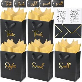 Gold Foil 5 Senses Gift Bags for Him with Labels Envelopes and Cards, Sight Smell Touch Taste Sound Gift Bags with Tissue Handle for Birthday, Anniversary, Mother's Day, Valentine's Day（10x8x4inch）
