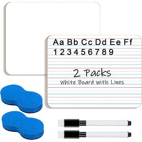 Dry Erase Board with Lines, 2 Packs Double-Sided Lined White Boards for Classroom, 9x12 Inch Reusable Writing Boards Kit with 2 Erasers & 2 Markers