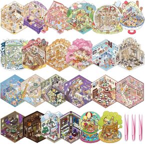 24 Sets 3D Scene Sticker Therapy Adults Fun Cartoon Make Your Own Room Shop Scenes DIY House Stickers for Kids Cartoon Animal Relief Stress Own