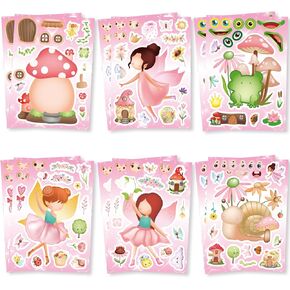 36Pcs Fairy Party Favors Stickers, Fairy Make Your Own Stickers for Kids Make a Face Sheets, Pink Mushroom Fairy Birthday Party Decorations Mix and Match Sticker Toy Party Favor Decorations for Girls