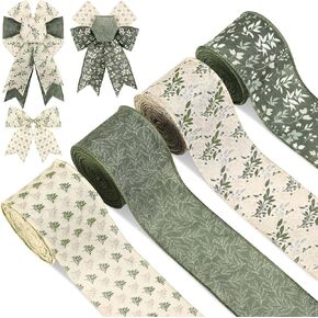 4 Rolls 20 Yards Sage Green Wired Edge Ribbon 2.5 Inch Spring Botanical Floral Buralp Ribbon Greenery Flower Fabric Ribbon for Gift Wrapping DIY Bow Wreath Making Spring Holidays Party Decorations