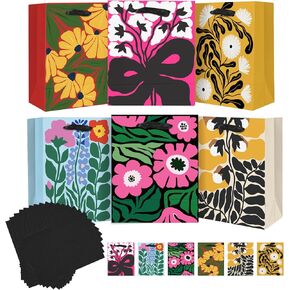 qiqee 7.9"x4.3"x9.6" 6PCS Blooming Flowers Paper Gift Bags with Tissue Paper Handles Medium Size（6pcs Bags +18pcs Tissue Paper ）