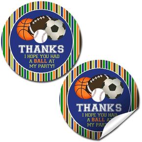 All Star Sports Birthday Thank You Sticker Labels, 40 2" Party Circle Stickers by AmandaCreation, Great for Party Favors, Envelope Seals & Goodie Bags