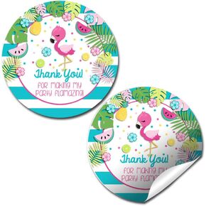 Tropical Pink Flamingo with Fruit Thank You Sticker Labels, 40 2" Party Circle Stickers by AmandaCreation, Great for Party Favors, Envelope Seals & Goodie Bags