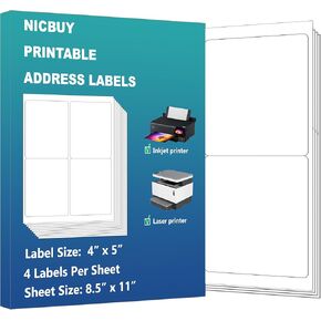 120 Labels 4" x 5" White Shipping Address Labels, 4 Up Printable Blank Sticker Label Dry Quickly for Inkjet or Laser Printer