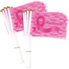 50 Pieces Breast Cancer Awareness Small Flags On Stick Mini Pink Ribbon Handheld Flags for Charity Events Parades Festival Celebration