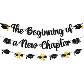 The Beginning of a New Chapter Banner - Glitter Black Graduation Party Decoration, Congrats Grad Class of 2025 Theme Garland, Pre-strung College Classroom Graduation Party Supplies