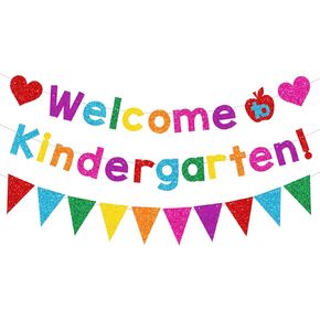 YEIRFYY Glittery Welcome to Kindergarten Banner and Pennant Garland Colorful Welcome Back to School Banner First Day of Kindergarten Party School Classroom Decorations