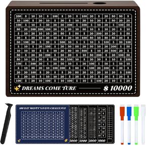 Money Saving Box, $10000 Savings Challenge Box with 8 Saving Targets, Cash Vault Wooden Savings Box, Unbreakable Piggy Banks for Adults, Easter Money Jar Coin Bank, Black