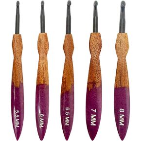 Revecraft Crochet Hooks Set - 5 Pack Large (5.5mm, 6mm, 6.5mm, 7mm, 8mm) - Ergonomic Handles with Purple Resin & Acacia Wood - Black Metal Tips for Smooth Crocheting
