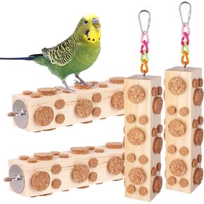 4 Pcs Bird Chew Toy Wooden Foraging Toys Bird Hanging Wooden Puzzle Foraging Toys Parrot Cork Stopper Toys Birds Feeding Toy for Small and Medium Parrots Woodpecker Parakeets Conures Budgies